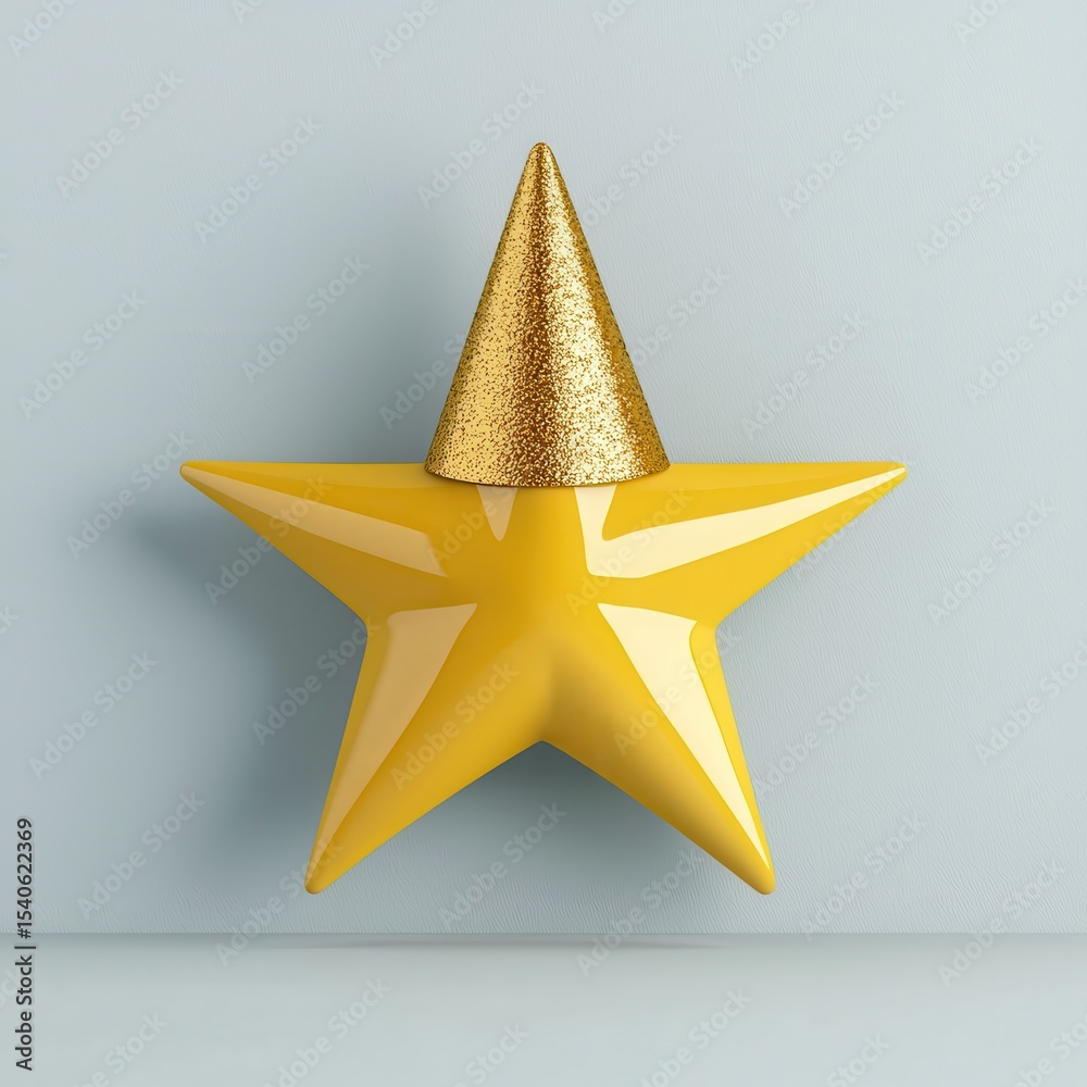 Fototapeta premium Golden Party Hat on Yellow Star Against Soft Blue Background