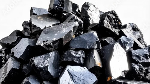 Heap of raw black tourmaline crystals, mineral specimens on white background, shiny gemstone fragments, dark aesthetic