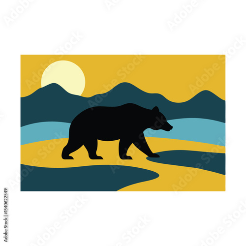 Stylized Illustration of a Black Bear Walking Through a Landscape with Mountains, Water, and a Sun in the Background