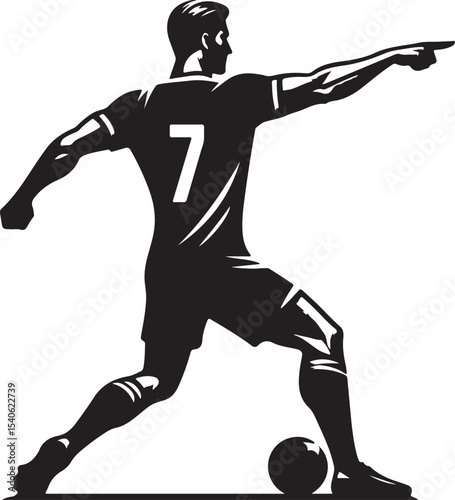 A stylized illustration of a soccer player wearing number seven pointing to the right with a ball
