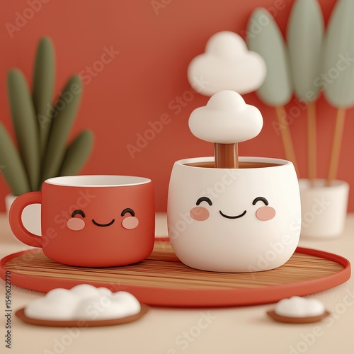 Cheerful Cute Cups and Cloud Decoration on Wooden Plate Scene