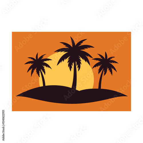 Tropical Island Sunset Silhouette A Serene Escape Featuring Palm Trees and a Warm Orange Sky in Simple Vector Style