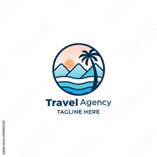 Travel agency vector logo featuring management of travel or tour of people throughout the world