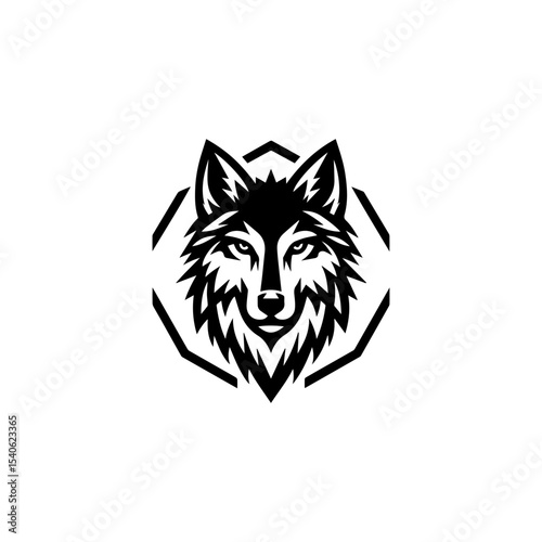 Black and white stylized wolf head portrait inside a geometric frame.