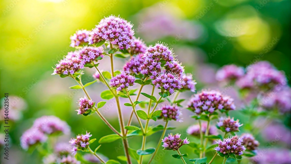Fototapeta premium Pink wildflowers blooming in garden with vibrant green background and soft natural light 