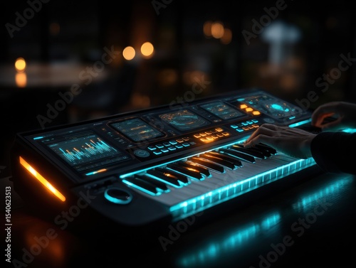 Modern synthesizer in a dimly lit setting