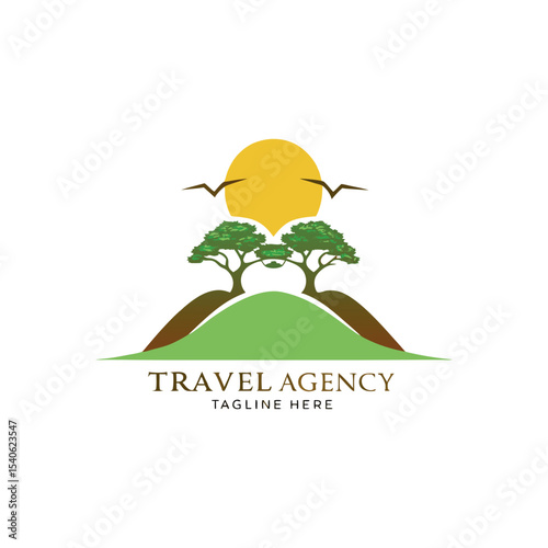 Travel agency vector logo featuring management of travel or tour of people throughout the world