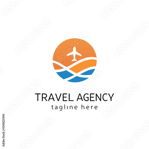 Travel agency vector logo featuring management of travel or tour of people throughout the world