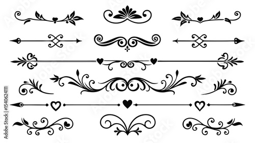 Set of calligraphic design elements with vintage floral borders and ornate page decorations