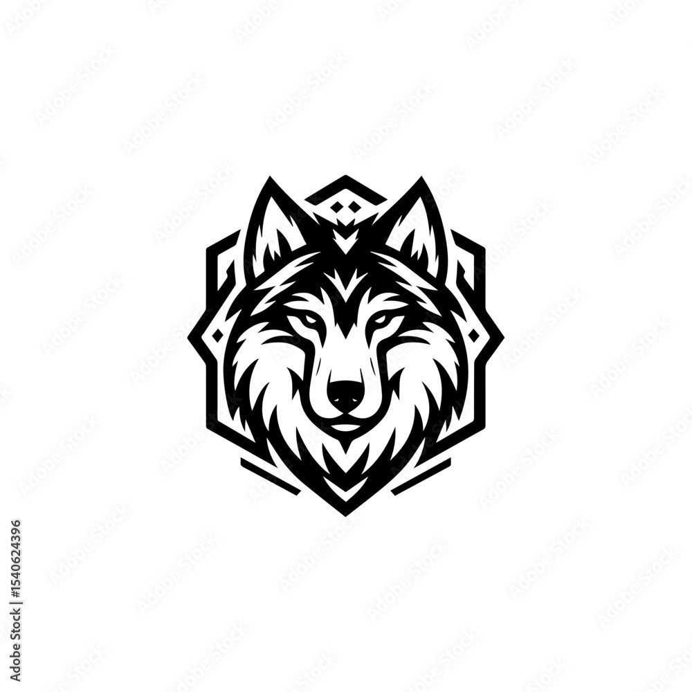Obraz premium Stylized wolf head emblem, geometric frame, black and white design.