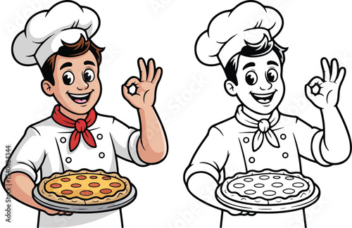Happy Chef Holding Pizza Cartoon Illustration