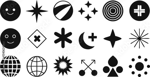 Set of black and white vector icons including stars sun snowflakes flowers and various shapes for web and design use