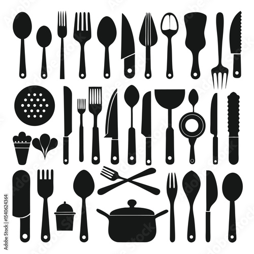 Set of kitchen utensils silhouettes including fork spoon knife cutlery icons vector design
