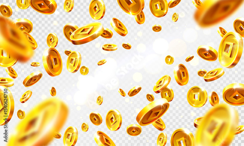 Realistic gold Chinese coins. Gold coins explosion vector