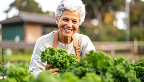 Happy Senior Woman Harvesting Kale.