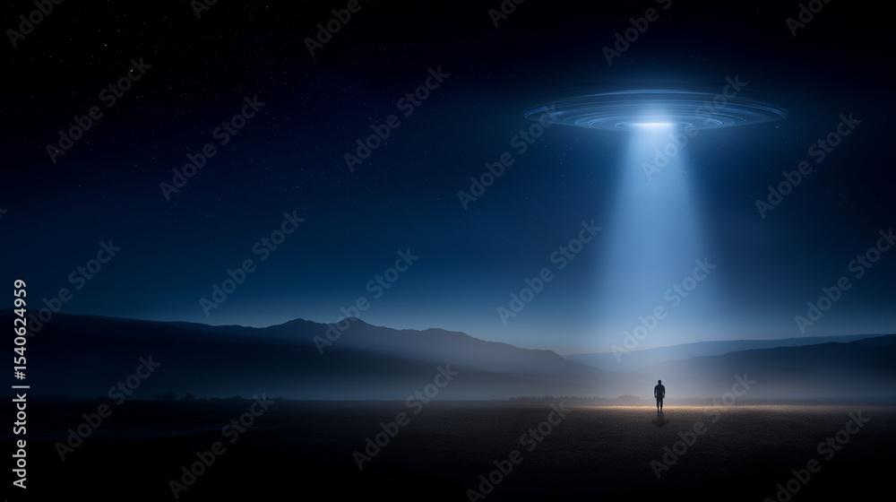 Fototapeta premium UFO abduction scene with beam lifting figure at night