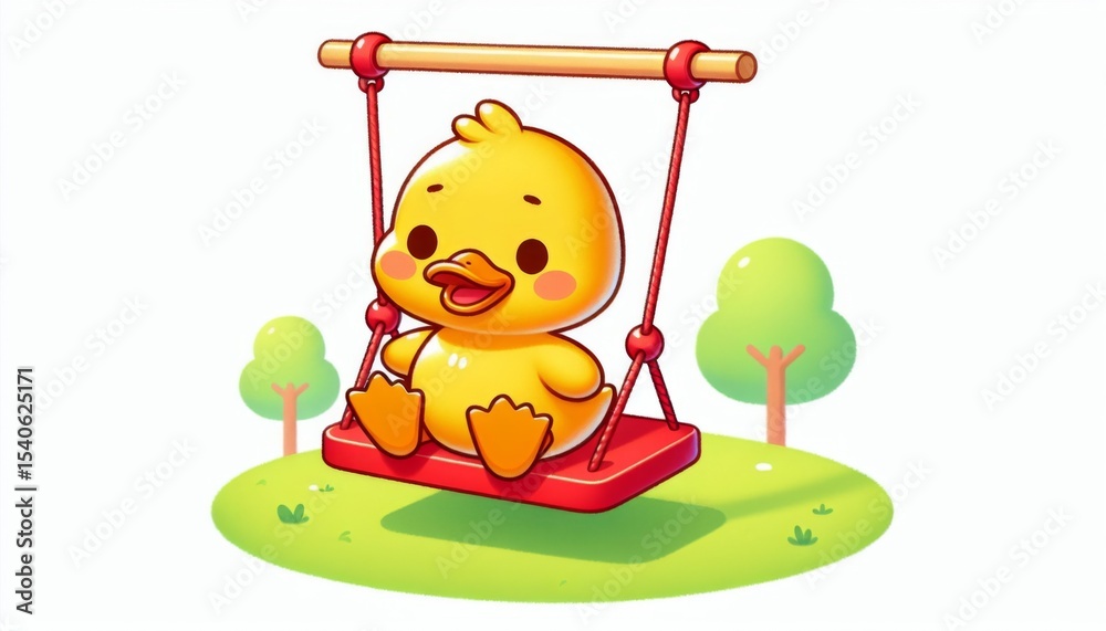 Obraz premium Cute Yellow Duckling on Red Swing in a Green Park