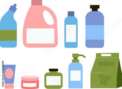 Various cleaning and personal care products displayed in a flat design style