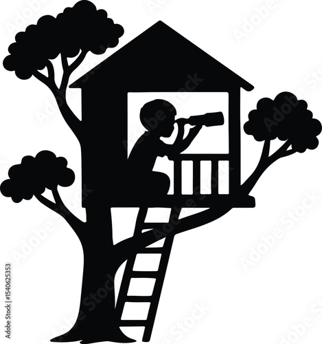 Silhouette boy in treehouse looking through telescope vector illustration