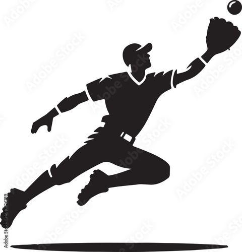 A silhouette of a baseball player leaping to catch a ball with his glove on a white background image