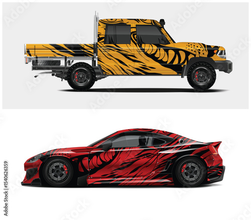 Abstract Tiger Stripe Designs on Pickup Truck and Sports Car