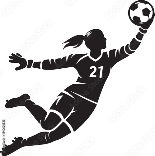 Silhouette of a female soccer goalkeeper diving to catch a soccer ball wearing jersey number twenty one