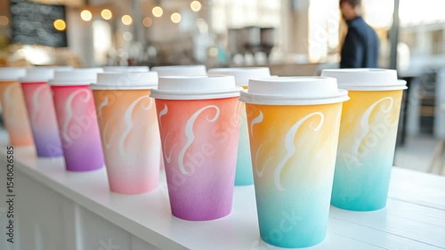 Row of colorful disposable coffee cups