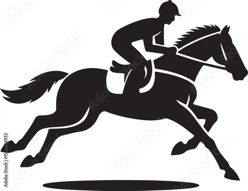A black silhouette of a horse and jockey racing at full speed on a white background illustration art