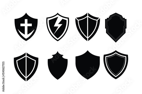 Collection of Eight Versatile Shield Icons Perfect for Security, Protection, and Branding Designs. Download Free Black and White Shield Vector Graphics for Your Projects.