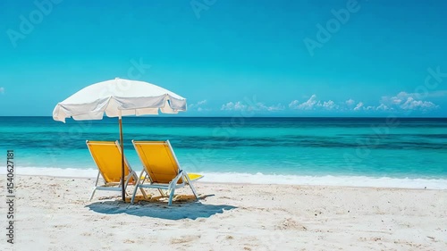 Relaxing beach chairs and umbrella on tropical sandy shore.White umbrella and two yellow sunbeds standing on a tropical white sand beach