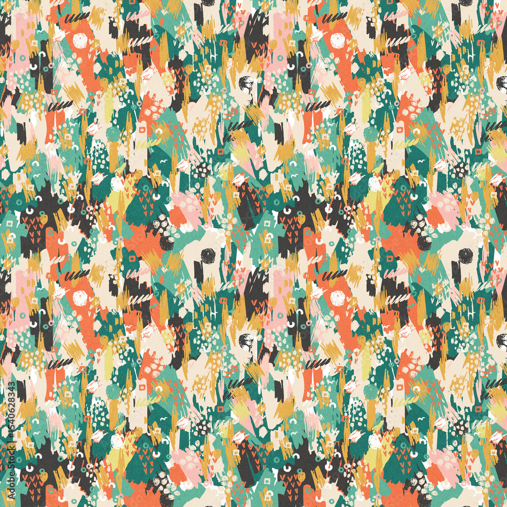 Fototapeta premium Seamless colorful abstract pattern with bold brush strokes, vibrant splashes, and artistic textured layers, ideal for fashion prints, textiles, wrapping paper, wallpapers, creative design projects.