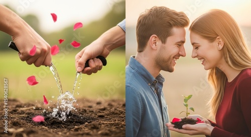 A split image showing hands watering soil and a couple holding a small plant with soil and petals