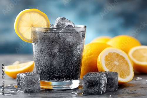 Refreshing charcoal lemonade served with lemon slice and ice cubes on rustic surface, a healthy and detoxifying drink that is tasty and ideal for summer.