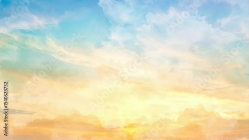 Watercolor style sky with clouds in pastel hues of blue, orange, and yellow depicting a sunrise or sunset over the horizon
