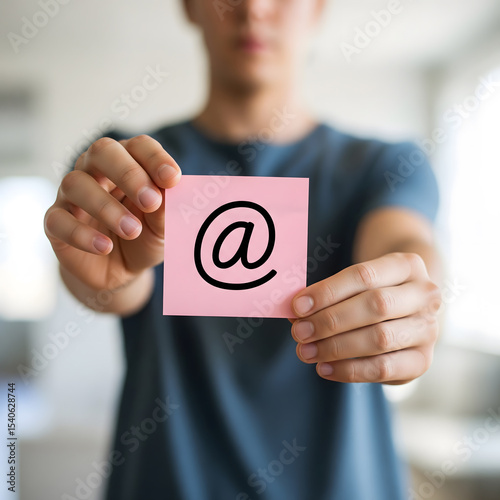 A person, likely a man in his 20s or 30s, holds out a pink sticky note with a black at symbol (@) drawn on it, blurring the background. Generative AI.