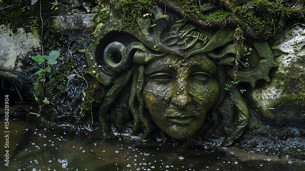 Obraz premium Detailed carving of a mystical figure emerging from a mossy stone.