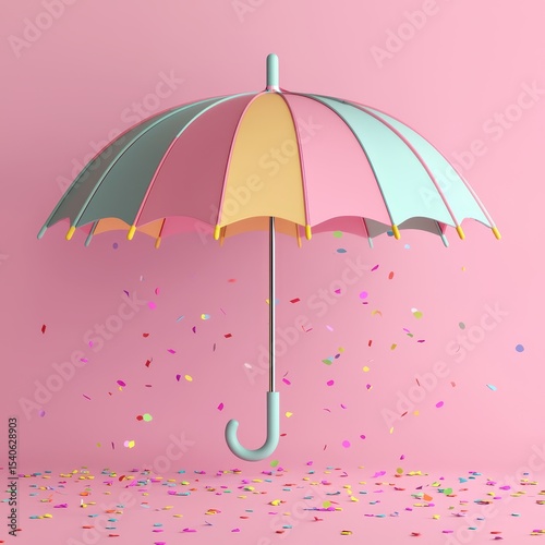 Colorful Umbrella with Confetti on Pink Background in Studio Setting