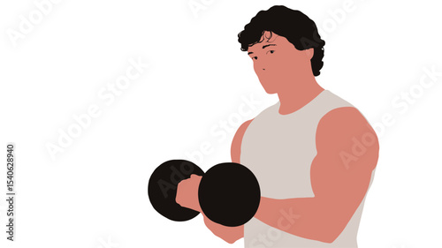 Illustration of a man performing a bicep curl exercise with black dumbbells.  The man is depicted from the waist up, facing slightly to his left. He has brown curly hair and is wearing a