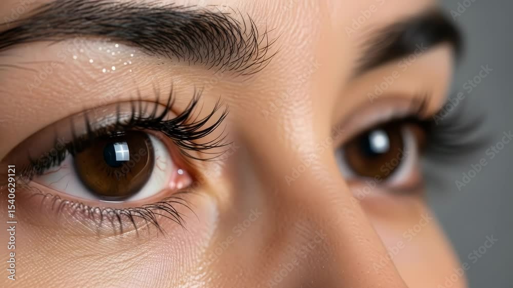 Closeup of a womans detailed eye with emphasized eyelashes and skin texture using macro shot technique