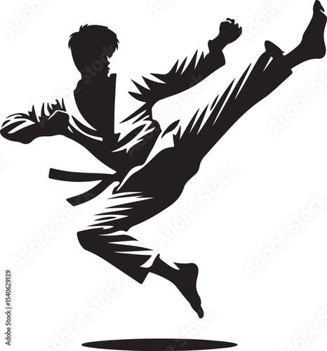A black and white silhouette of a martial artist in mid air performing a high kick with clenched fists