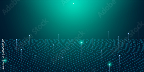 Digital technology speed connect blue green background, cyber nano information, abstract communication, innovation future tech data, internet network connection, Ai big data, line dot illustration 3d