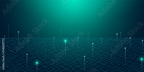 Digital technology speed connect blue green background, cyber nano information, abstract communication, innovation future tech data, internet network connection, Ai big data, line dot illustration 3d