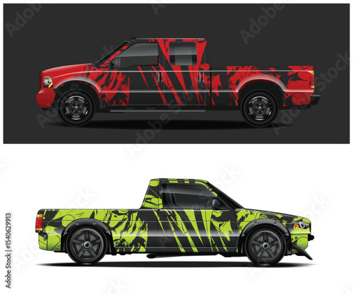 Two Pickup Trucks with Abstract Red and Lime Green Wraps