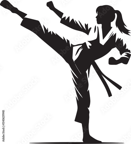 Silhouette of a woman in a karate stance with a raised leg and clenched fists on a white background