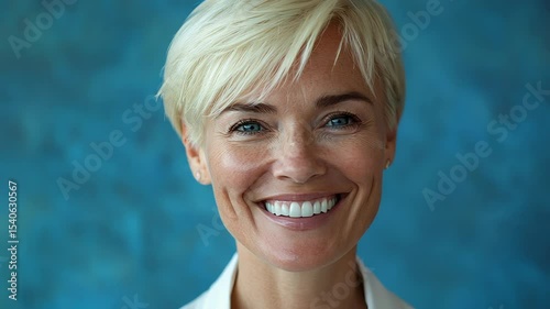 Businesswoman smiles at the camera in front of a blue background