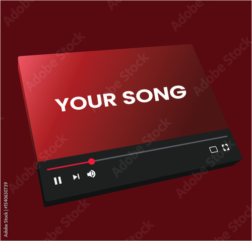 A minimalist vector illustration of a red video player with YOUR SONG displayed on the screen and basic playback controls