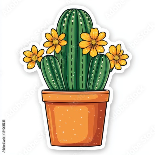 Colorful Potted Cactus with Yellow Flowers in Decorative Pot
