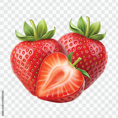 realistic 3d whole strawberry fruit with slice in different style isolated on transparent background
