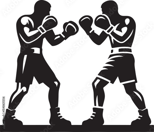 Two boxers in silhouette facing each other wearing boxing gloves and shorts in a fighting stance position