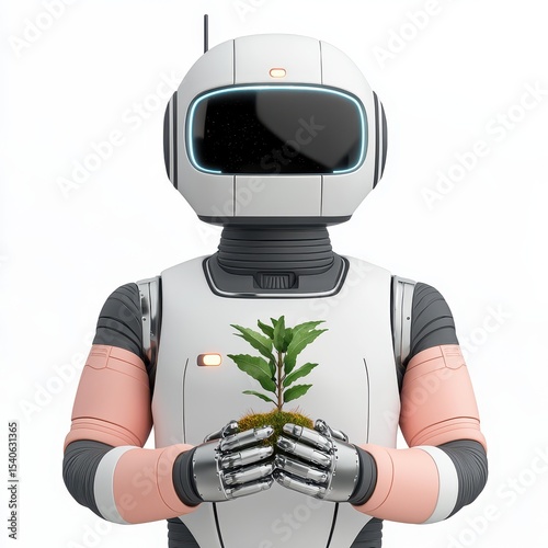 Robot Astronaut Nurturing Young Plant in Futuristic Environment